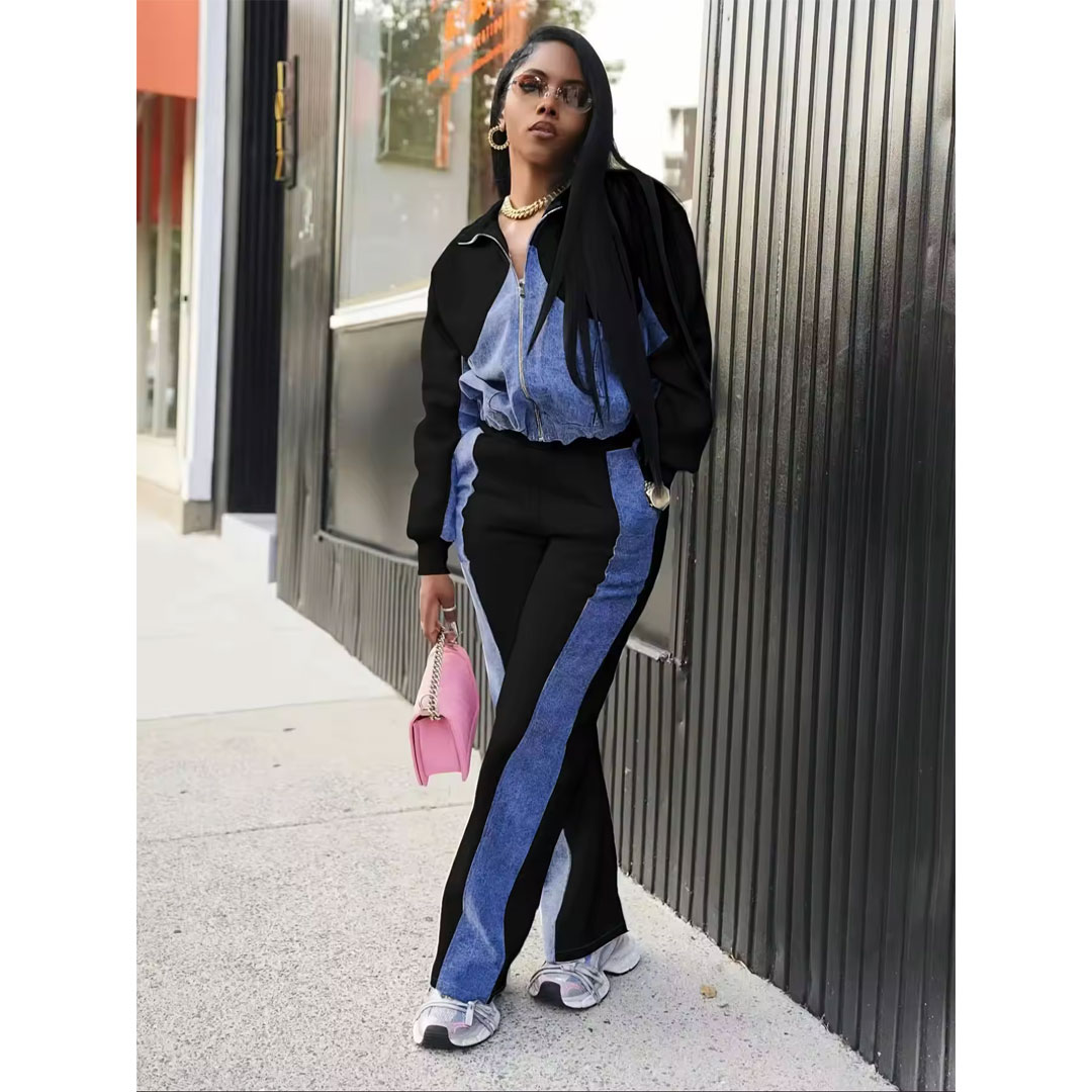 Fashionable women’s two-piece suit, denim patchwork casual style, package includes: denim jacket, casual pants