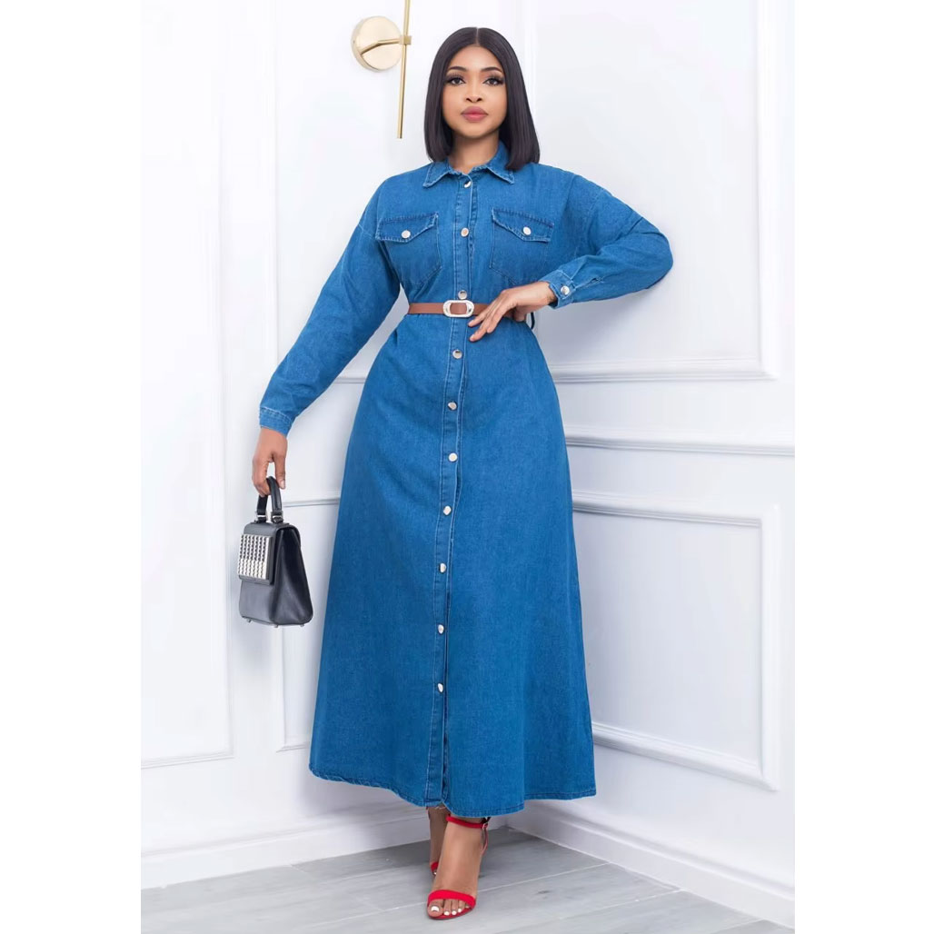 Plus size denim casual women’s long skirt, fashionable denim dress, package includes: denim long skirt