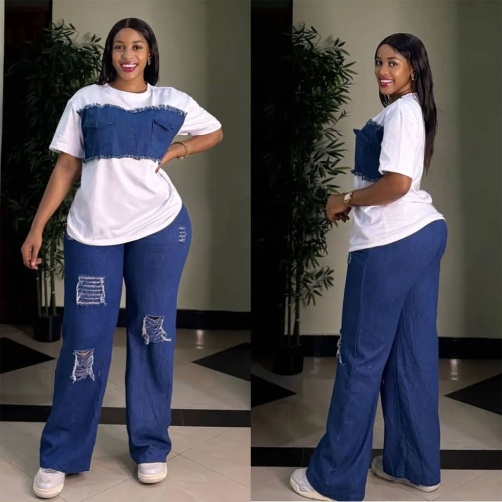 New fashion women’s casual jeans with T-shirt two-piece set, package includes: jeans, T-shirt