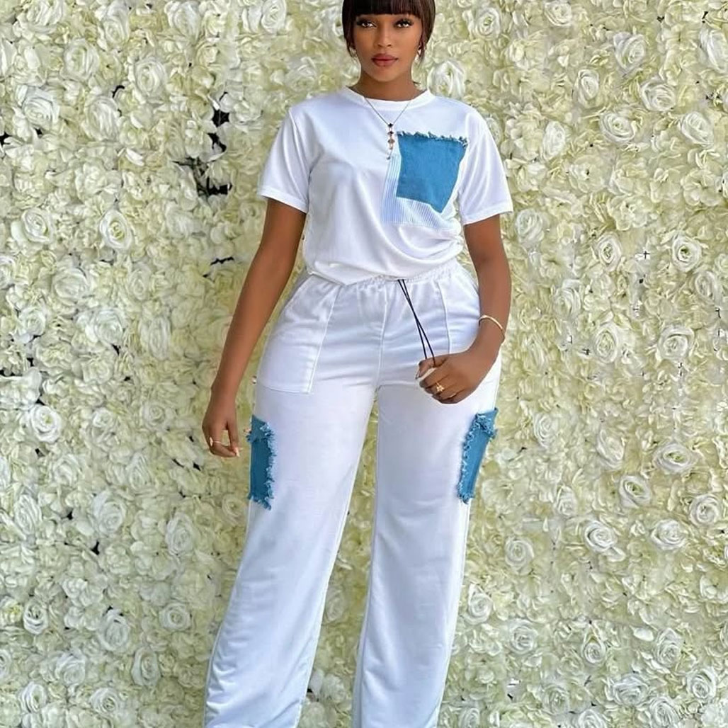 Summer casual simple denim decorative patchwork women’s suit, package includes: trousers, T-shirt
