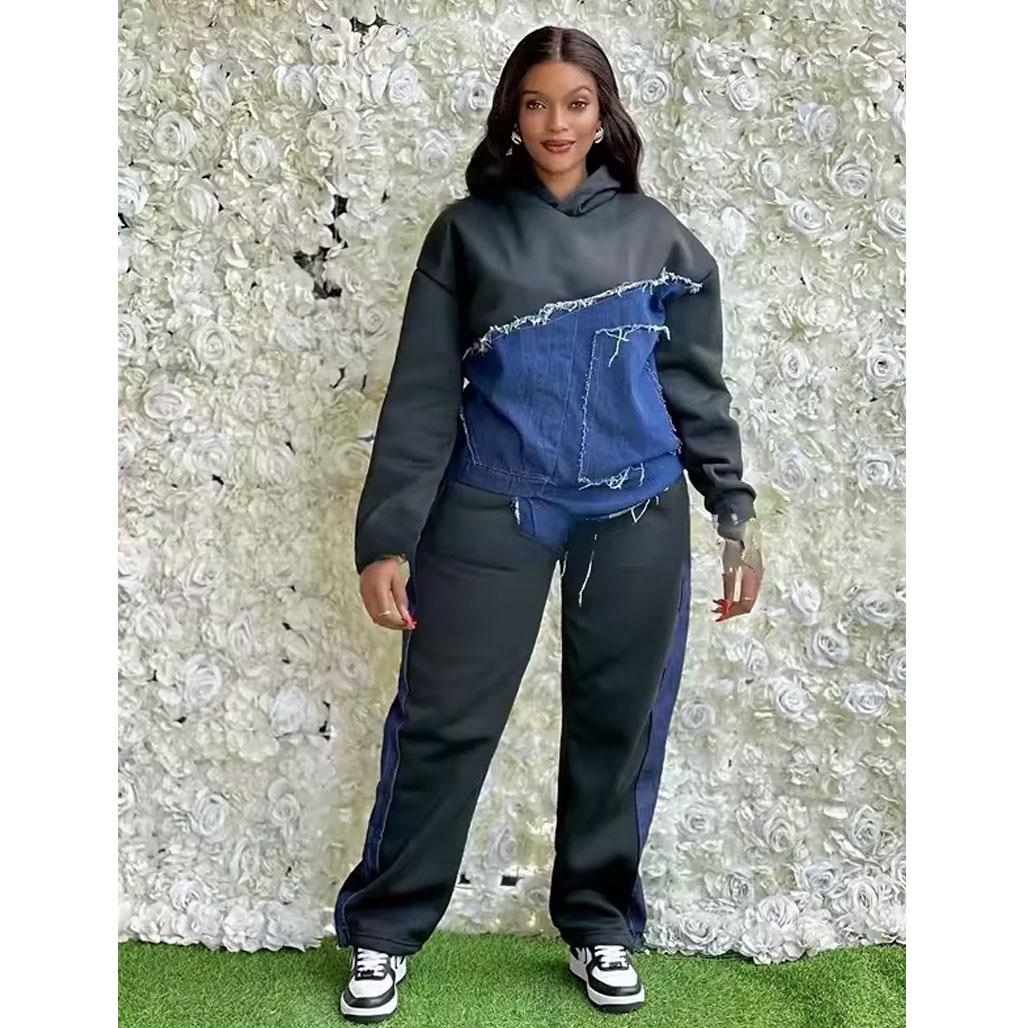 Fashionable new casual long-sleeved patchwork denim women’s suit, package includes: trousers, sweatshirt