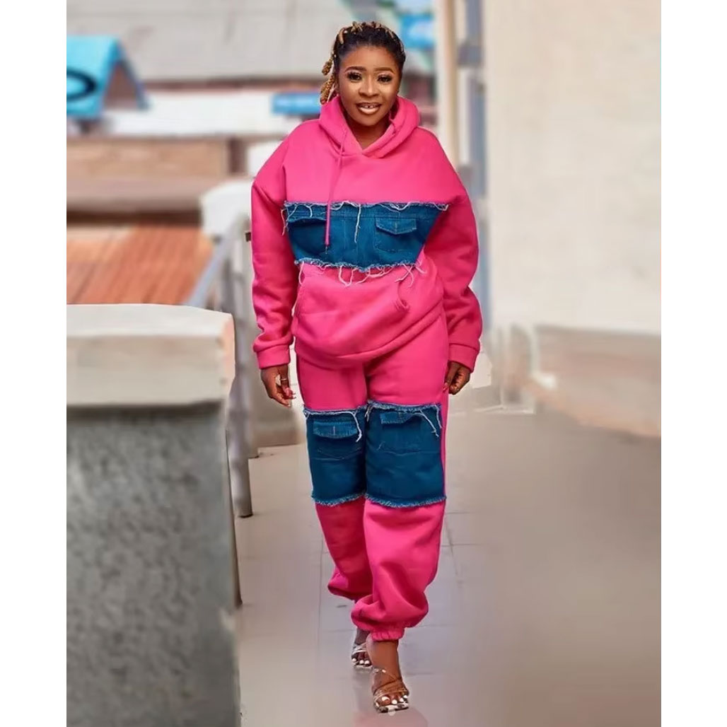 Irregular Color Patchwork Denim Hoodie Women’s Fashion Hooded Casual Set, package includes: trousers, sweatshirt