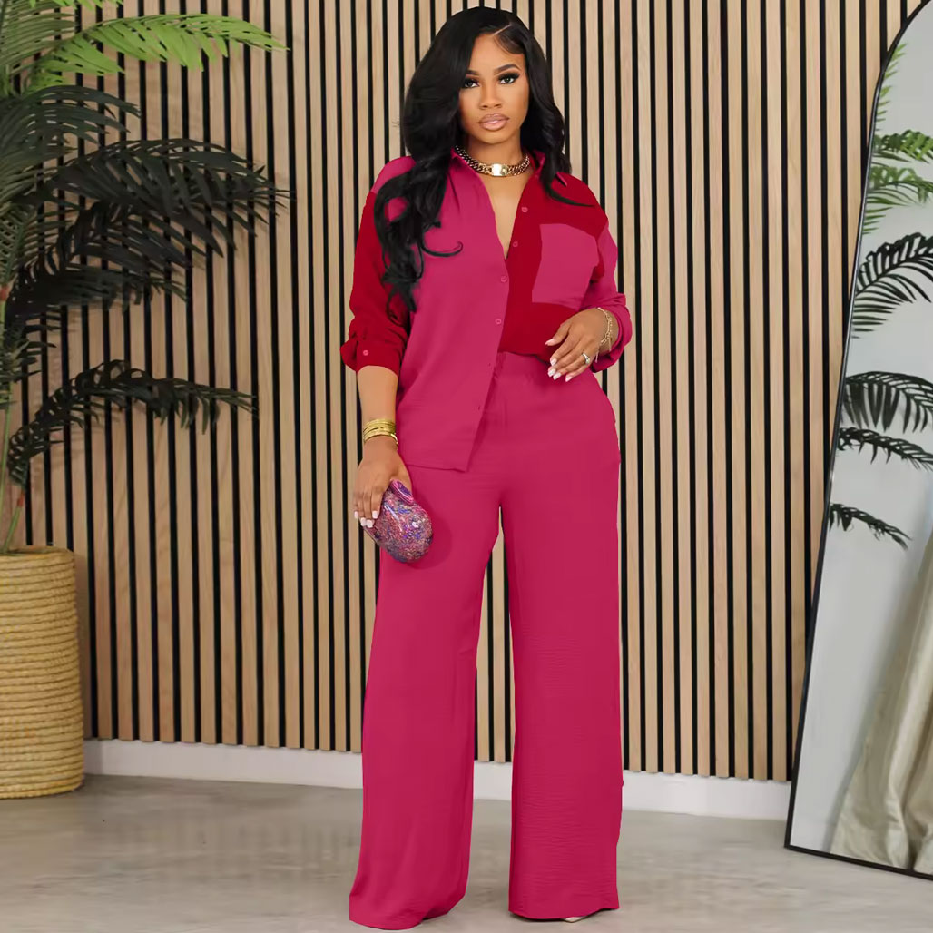 Popular fashionista European and American casual women’s two-piece suit, package includes: trousers, long-sleeved shirt