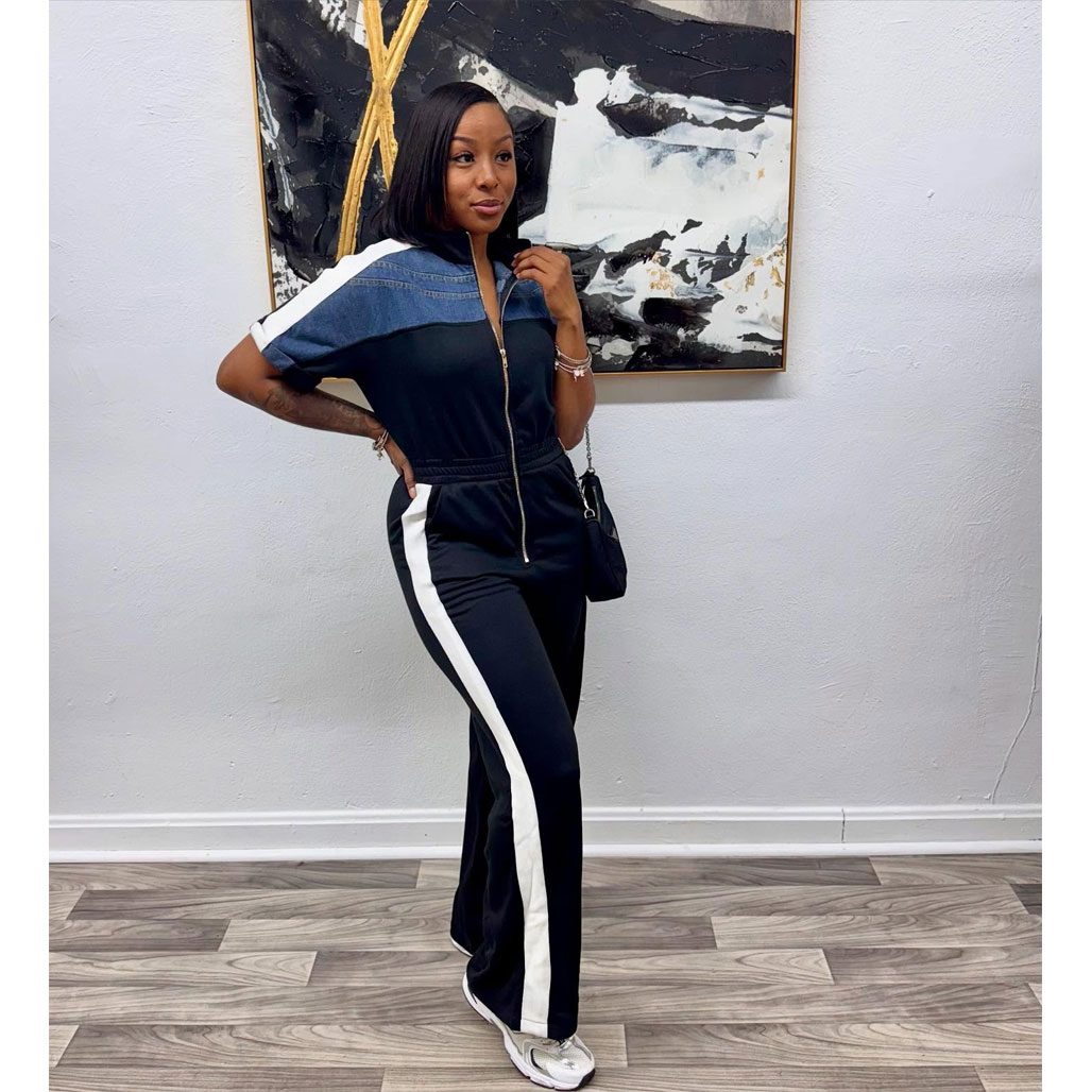 Fashionable women’s casual denim sports jumpsuit, package includes: jumpsuit