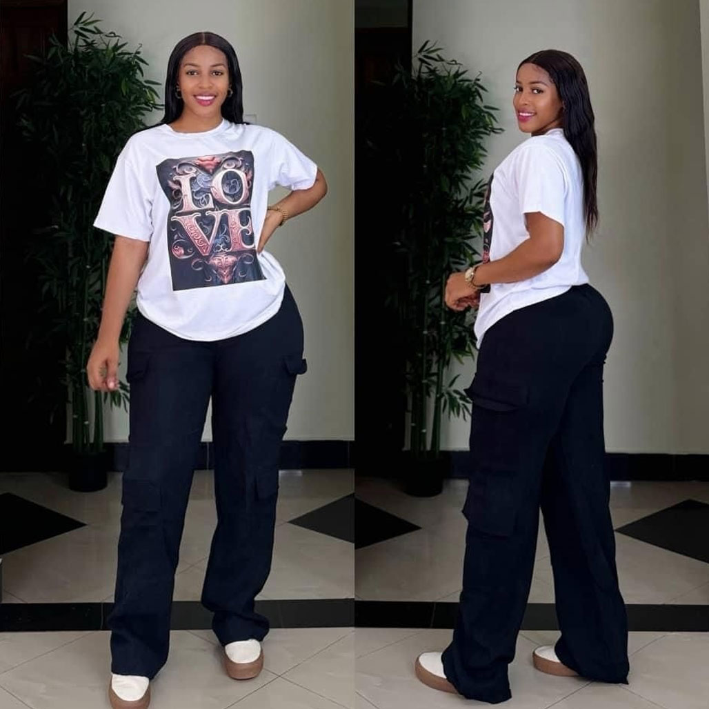 Women’s high-quality T-shirt with overalls casual two-piece suit, package includes: pants, T-shirt