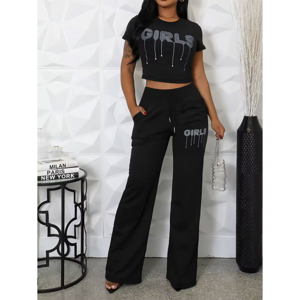 Women’s customized summer sportswear casual trousers with T-shirt two-piece set, package includes: trousers, T-shirt
