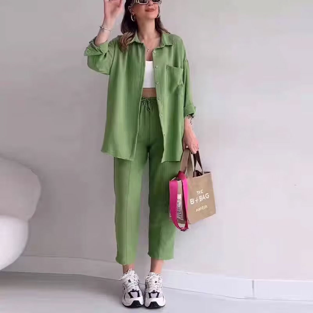 Summer women’s fashionable European and American style long-sleeved shirt and trousers two-piece set, package includes: long-sleeved shirt, trousers