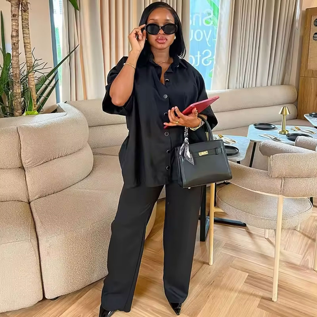 Women’s fashionable European and American style long-sleeved shirt and trousers two-piece set, package includes: long-sleeved shirt, trousers