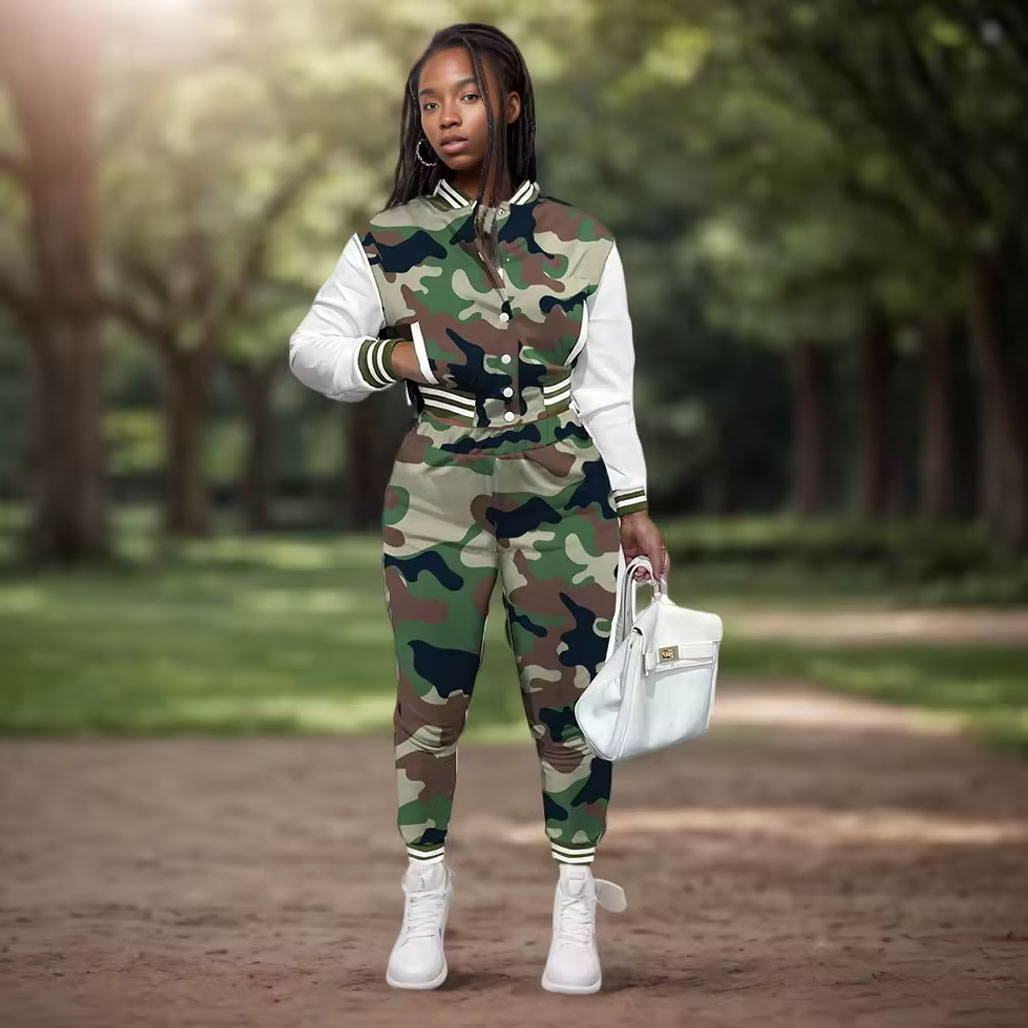 Street style casual camouflage printed baseball jacket for women, two-piece suit, package includes: jacket, pants
