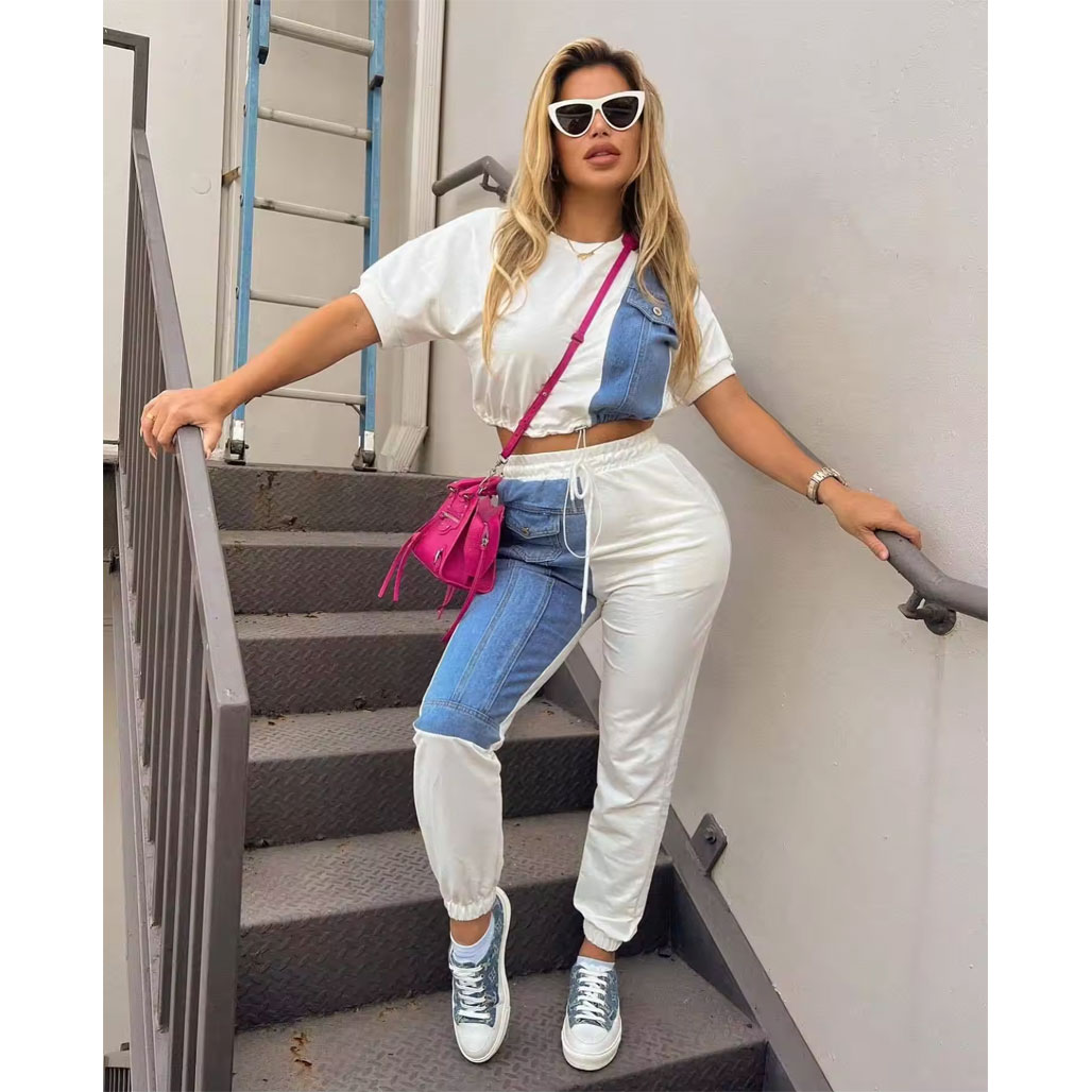 New casual women’s tops, fashionable short-sleeved shirts, denim patchwork two-piece suits, package includes: short-sleeved shirts, pants