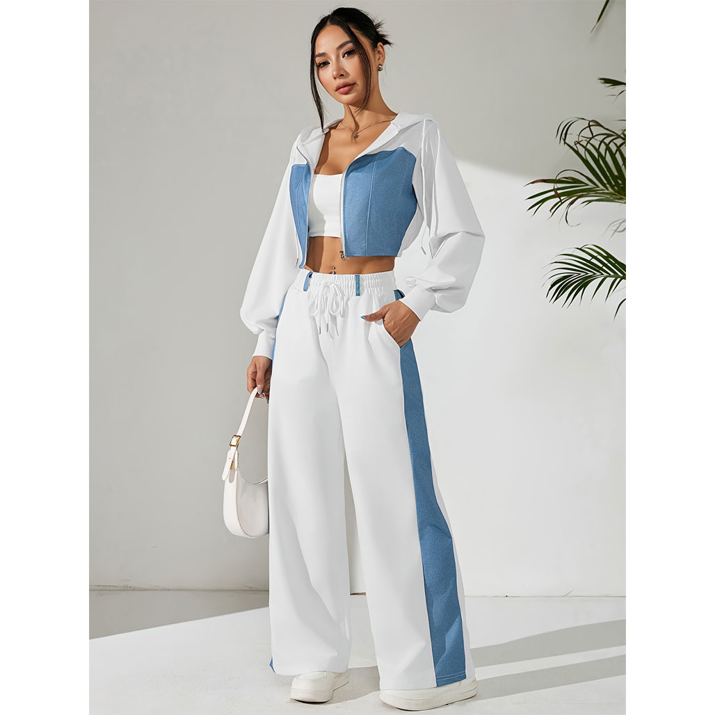 Women’s casual elegant straight pants patchwork with long-sleeved zipper shirt short jacket, package includes: short-sleeved jacket, straight pants