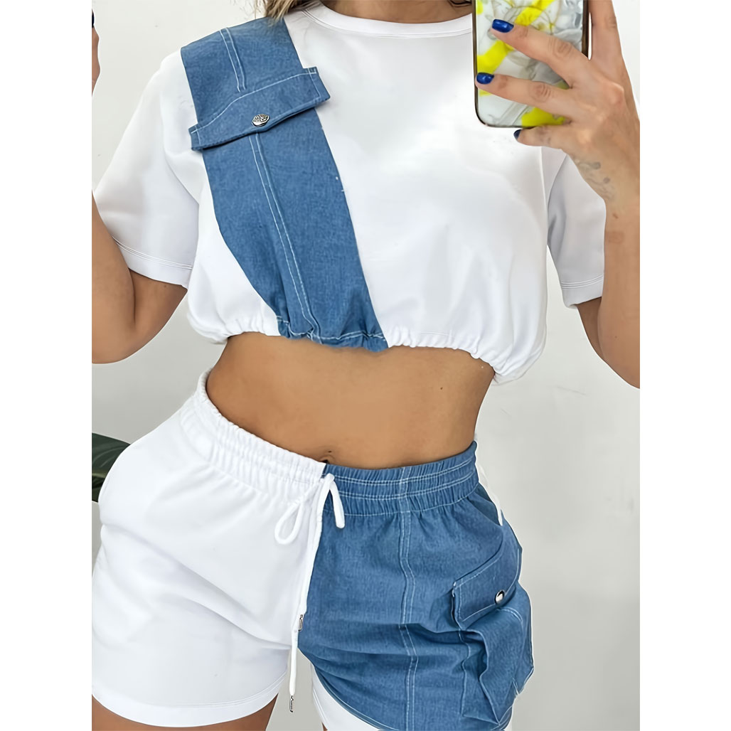 Women’s stylish and elegant shorts with denim and round neck short-sleeved top, package includes: short-sleeved top, pants
