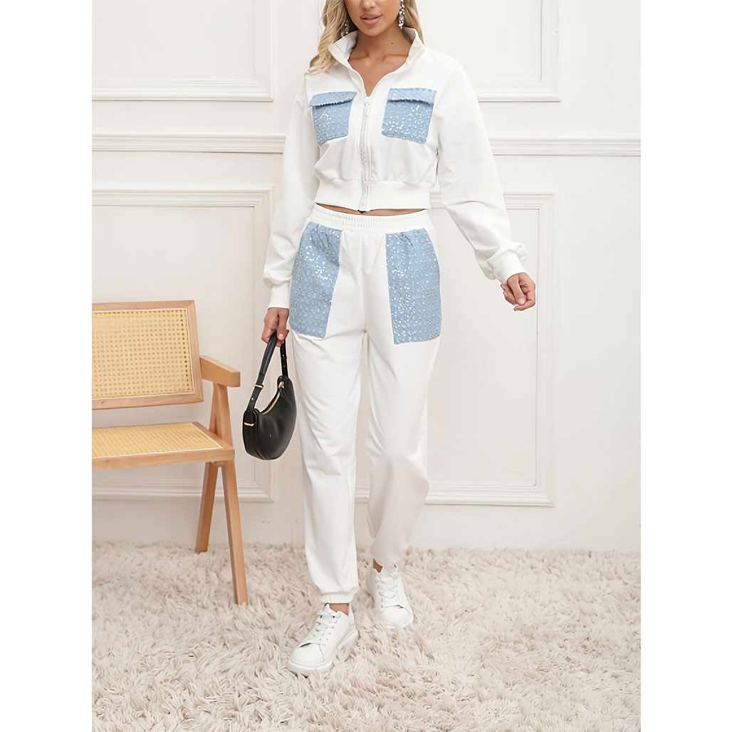 Fashion 2-piece elegant polyester patchwork trousers set, package includes: long-sleeved top, long trousers