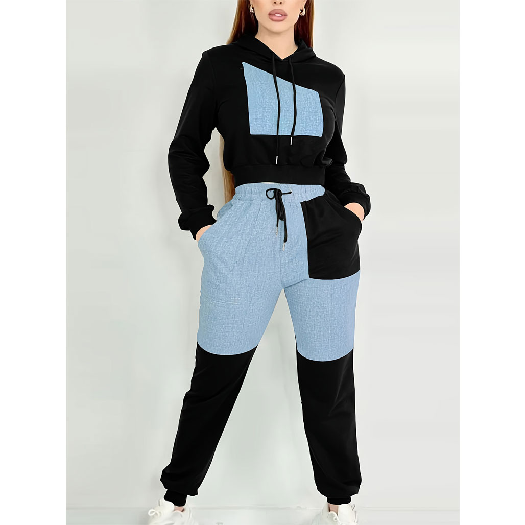 Women’s fashionable and elegant trousers patchwork denim with hood long-sleeved sweatshirt, package includes: sweatshirt, pants