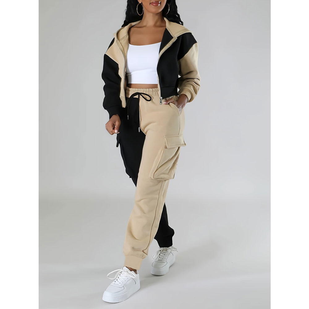 Women’s Clothing Casual Color Block Two-piece Pants Set, Long Sleeve Lapel Neck Hooded Top & Skinny Flap Pockets Drawstring Pants Outfits