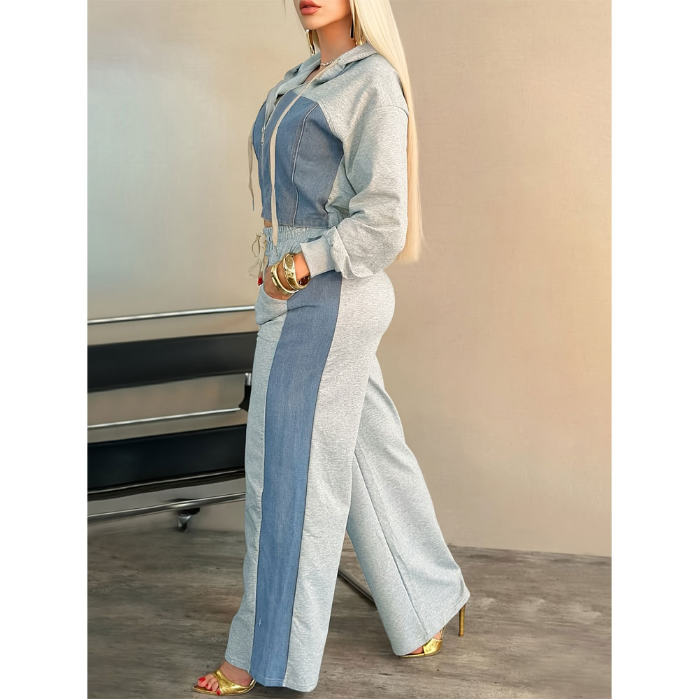 Fashionable women’s denim patchwork pants with sweatshirt 2-piece set, package includes: sweatshirt, pants
