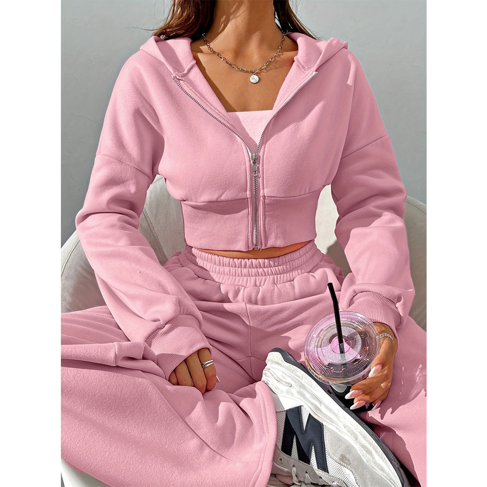 Fashionable Women’s Autumn/Winter Zipper Hooded Long Sleeve Jacket + Wide Leg Trousers, package includes: sweatshirt, pants, small vest