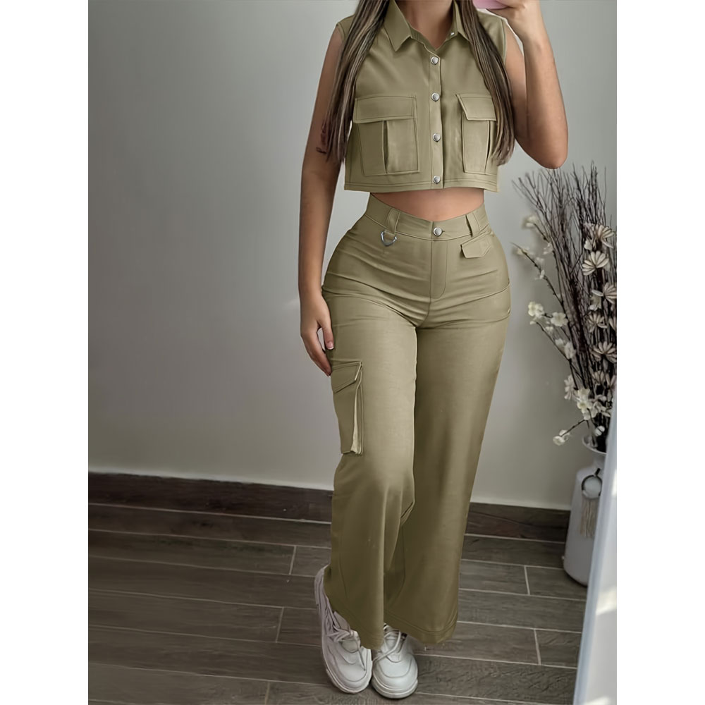 Stylish Solid Color Pocketed Collar Jacket/High Waist Loose Wide Leg Pants Casual Slim Fit Set, package includes: work shirt, work pants