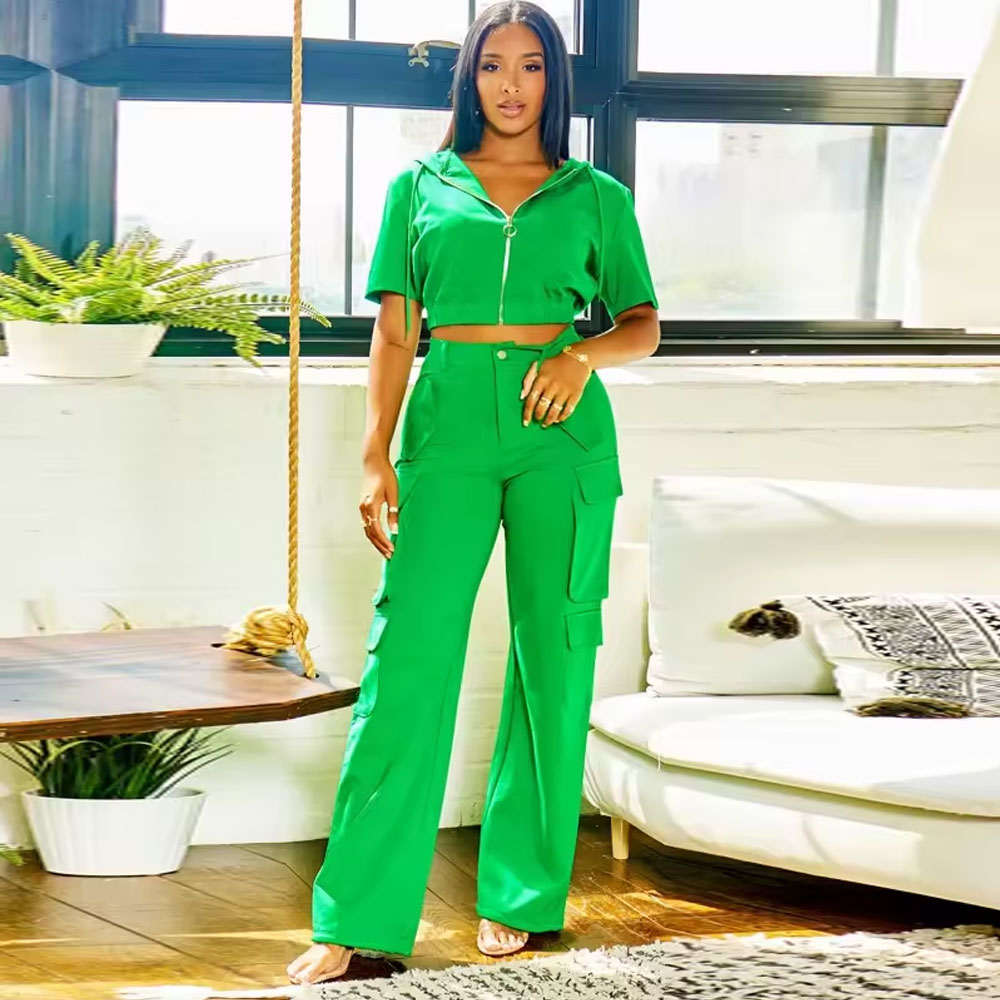 European American Fashion Women’s Two-Piece Set Pure Color Loose Short-Sleeved Lapel Zipper Top Drawstring Flap Pocket Cargo