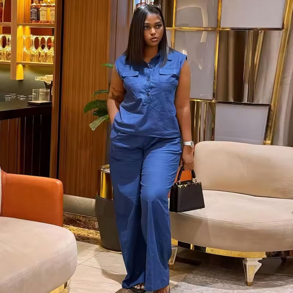 European and American high-end versatile women’s casual denim suit two-piece set, package includes: denim short-sleeved shirt, denim pants