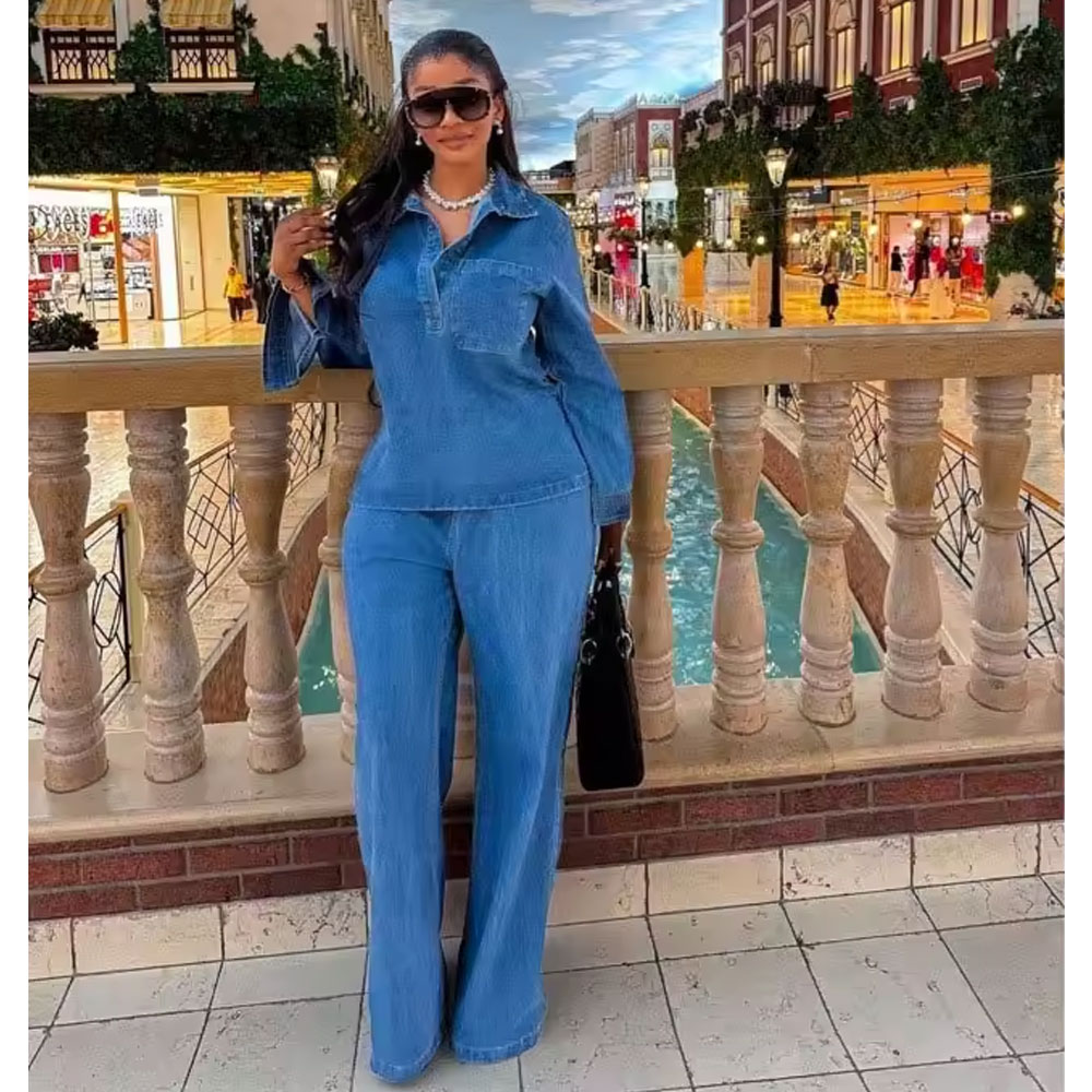 Women’s long-sleeved jacket stretch denim suit women’s two-piece suit, package includes: denim long-sleeved jacket, denim trousers