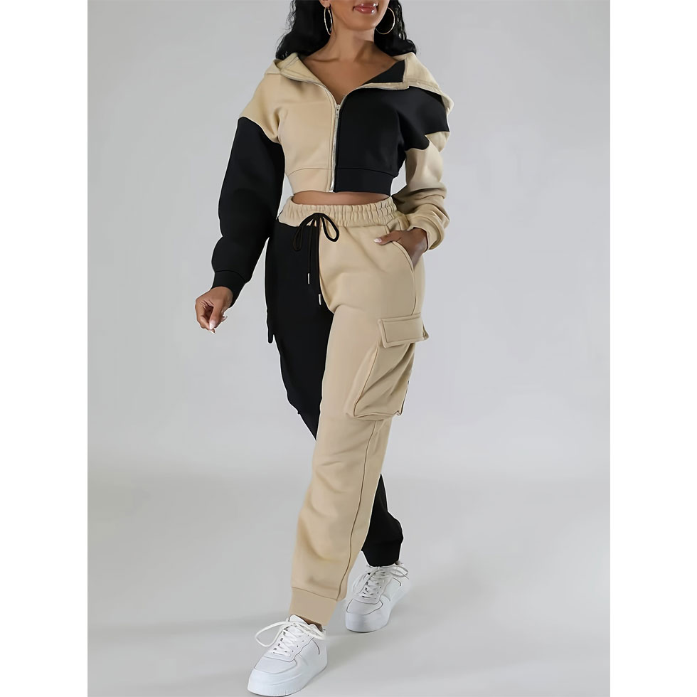 Casual Color Block Two-piece women’s Clothing, Long Sleeve Lapel Neck Hooded Top & Skinny Flap Pockets Drawstring Pants Outfits, package includes: outerwear, pants