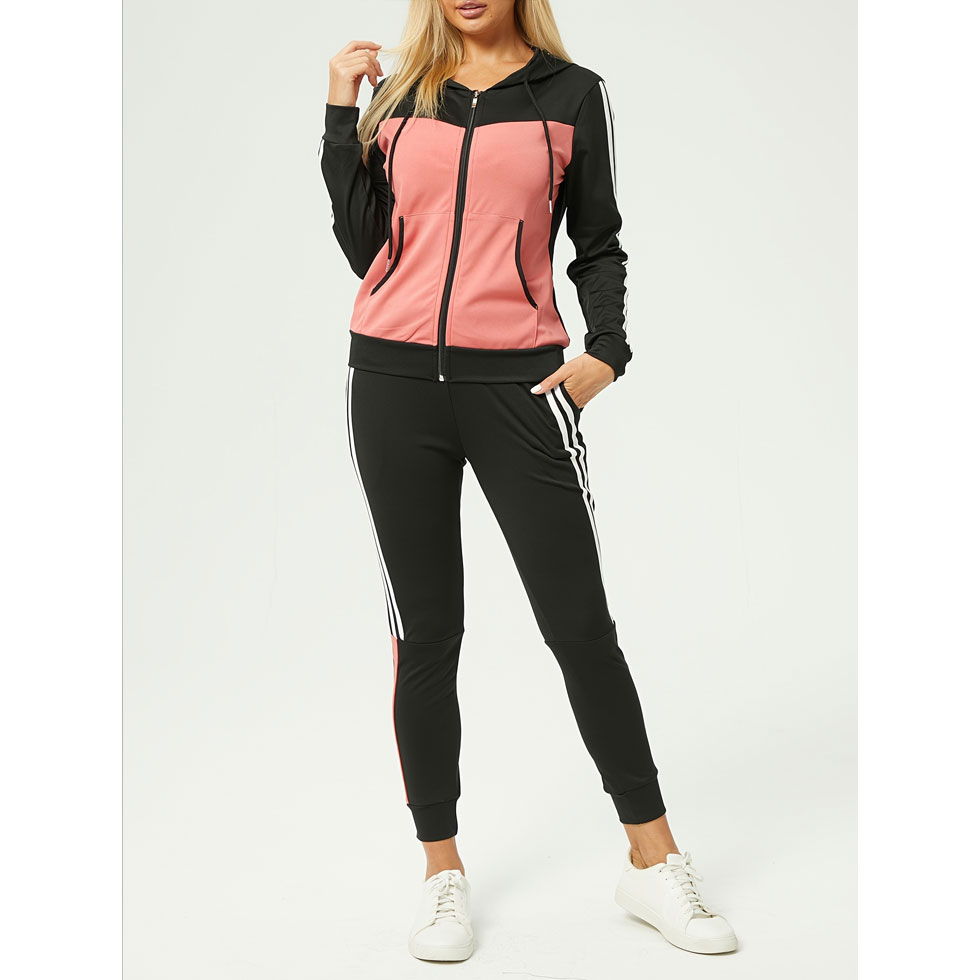 Polyester Knit Fabric Two-Piece Set,Women’s Casual Color Block Hooded Zip-Up Jacket with Pockets and Long Sleeve, package includes: outerwear, pants