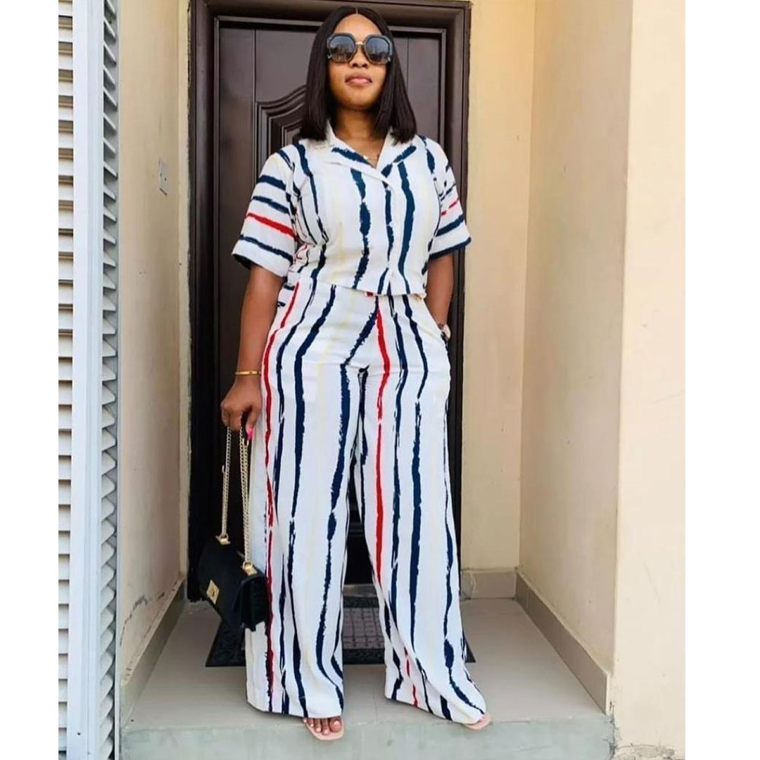 New fashion printed loose casual women’s woven striped shirt two-piece set, set includes: shirt, pants