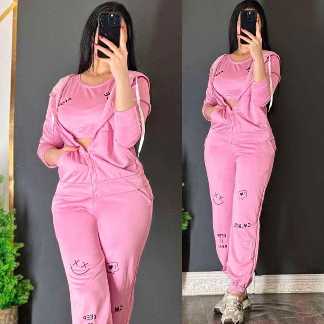 Comfortable casual knitted fabric zipper hoodie women’s printed sportswear three-piece set, the set includes: zipper hoodie, printed pants, printed vest