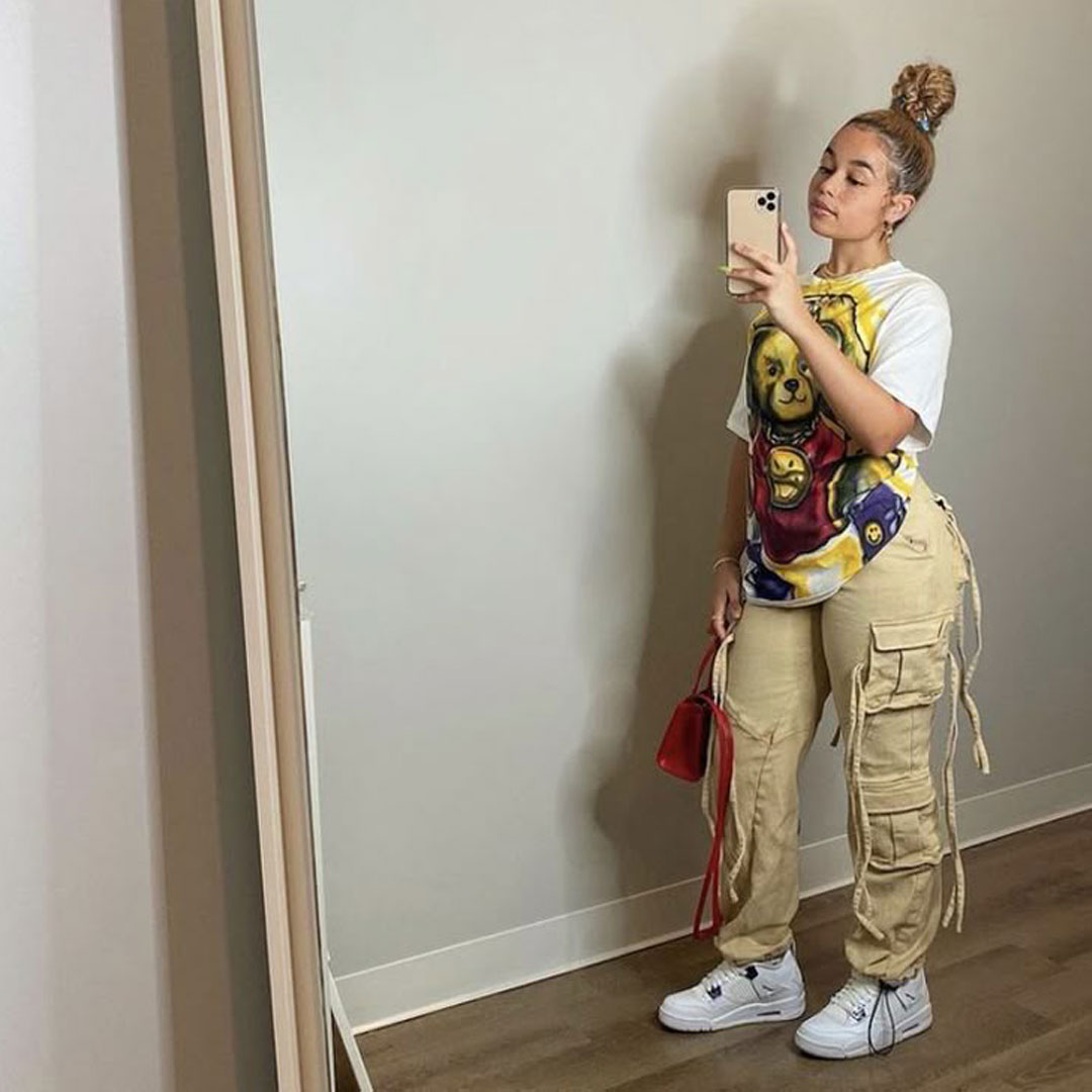 European and American retro style multi-pocket women’s casual work pants two-piece set, the set includes: printed T-shirt, multi-pocket pants