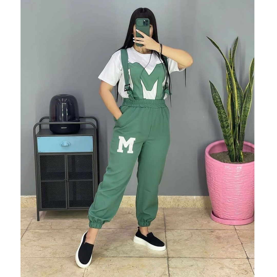 Fashion knitted fabric women’s casual overalls and letter sportswear two-piece set, the set includes: letter T-shirt, fashionable pants
