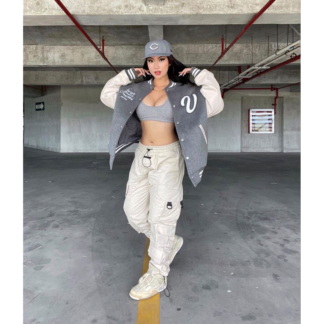 Fashion embroidered jacket for women, latest design letterman winter jacket, street wear hip-hop jacket three-piece set, set includes: baseball jacket, sports pants, vest