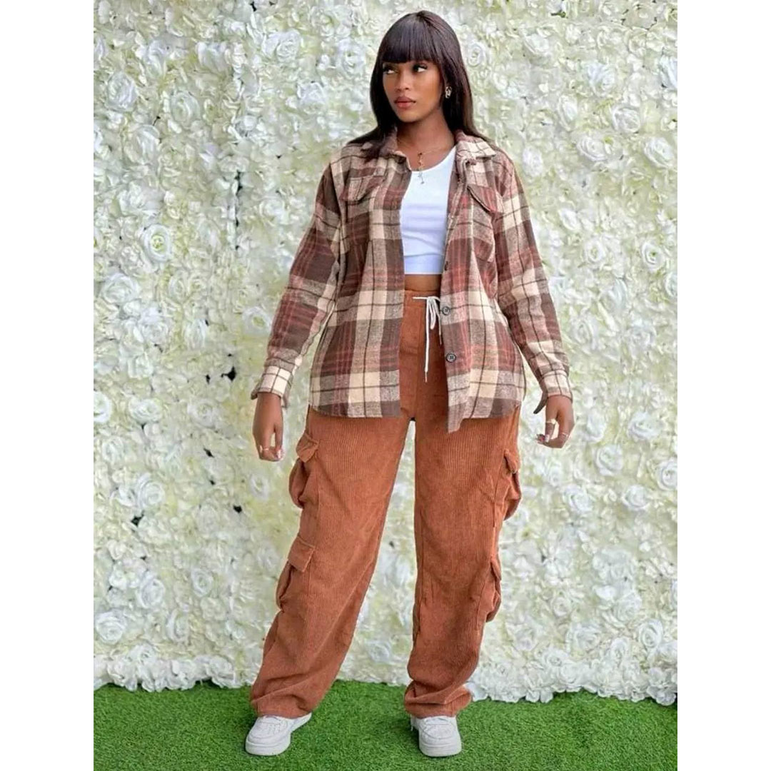 Women’s fashion lapel long-sleeved shirt, casual simple loose multi-pocket pants suit, the suit includes: multi-pocket pants, long-sleeved shirt, vest