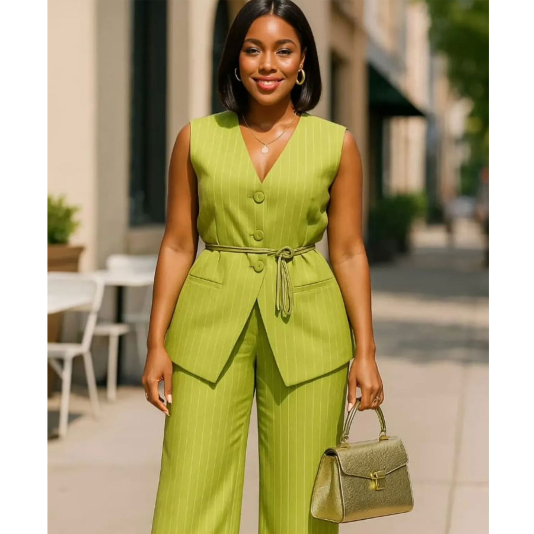 Women’s elegant sleeveless striped V-neck suit & fashionable pocket design high-waisted pants suit, the suit includes: sleeveless suit, high-waisted pants