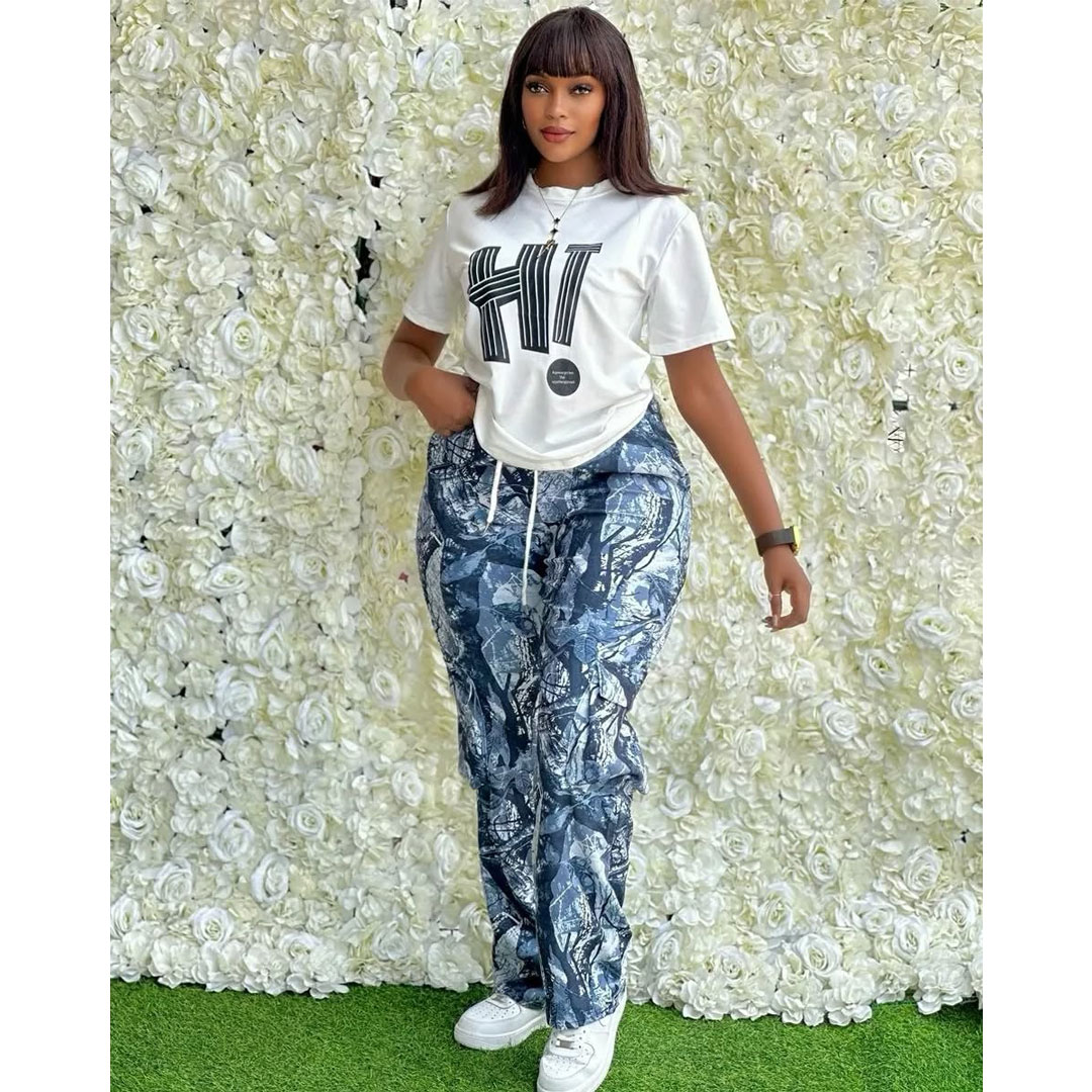 New design plus size fashionable loose women’s straight trend high waist business casual trousers, set includes: straight trousers, T-shirt