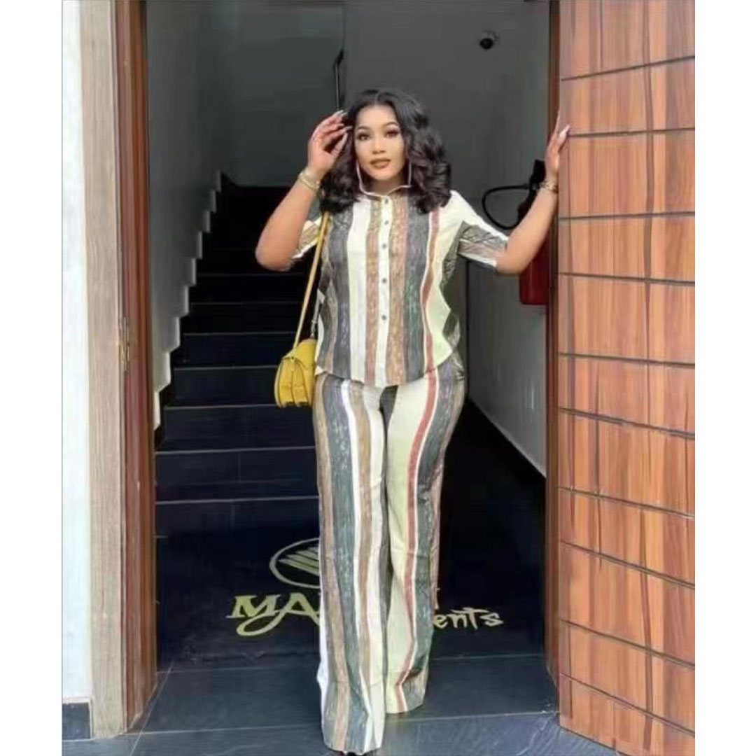 High-quality women’s beach shirt holiday casual printed short-sleeved shirt two-piece set, the set includes: casual trousers, short-sleeved shirt