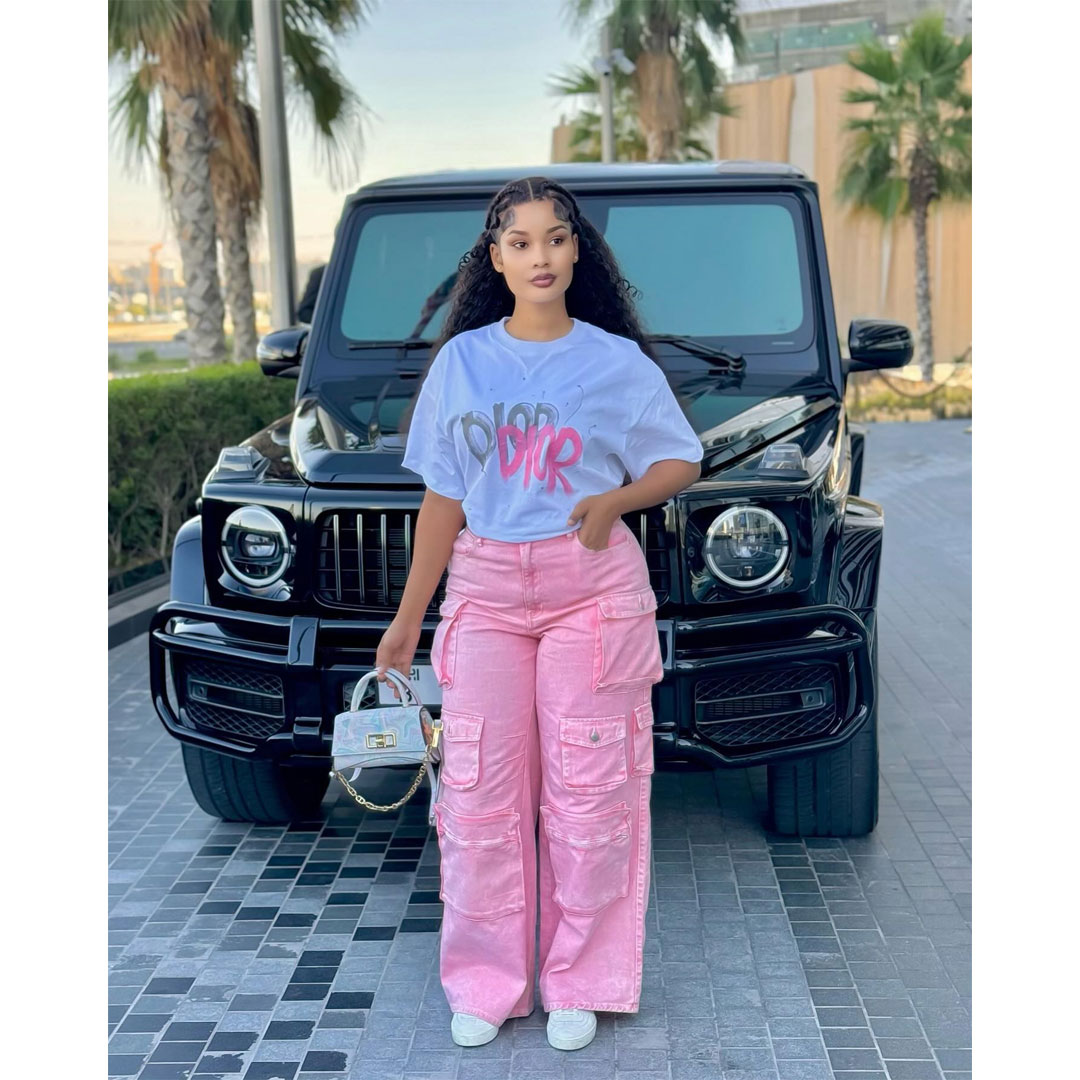 Fashionable custom loose retro breathable multi-pocket high waist women’s pants, set includes: multi-pocket high waist women’s pants, printed T-shirt