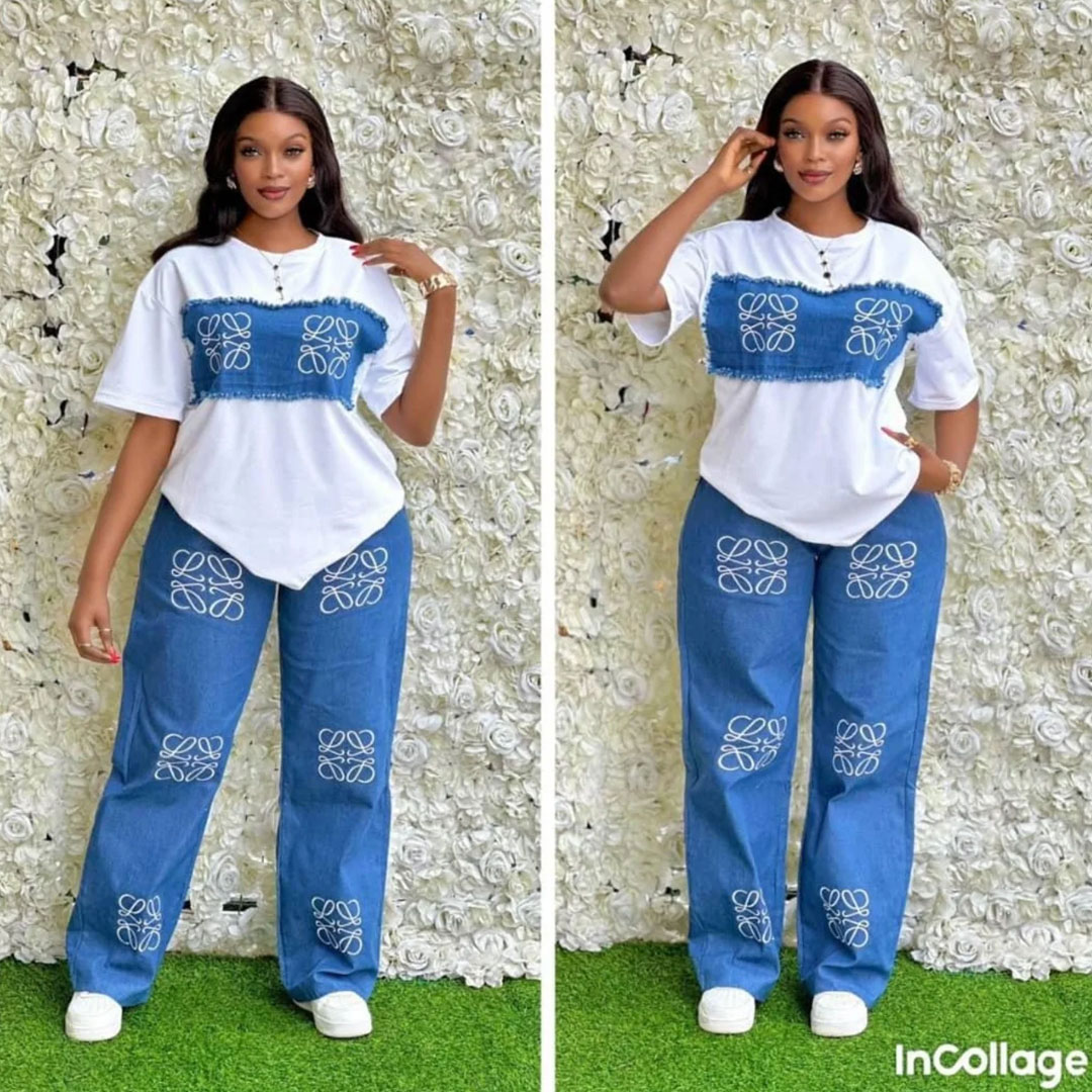 Manufacturer wholesale women’s high-waisted wide-leg jeans with embroidered patterns, fashionable slim-fitting washed pants. Set includes: embroidered jeans and embroidered T-shirt