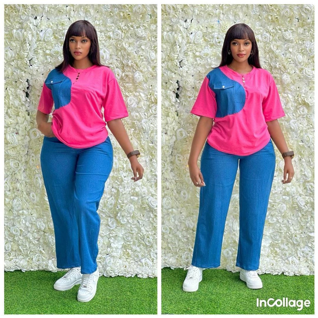 Women’s high-quality striped print short-sleeved shirt and fashionable straight wide-leg jeans two-piece set, the set includes: solid color jeans, fashionable T-shirt