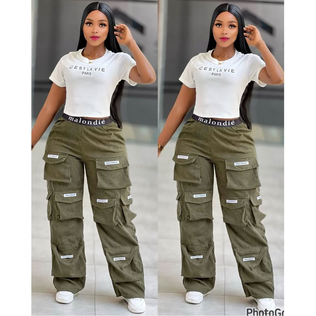 Women’s fashionable corduroy overalls, mid-rise straight-leg style, custom logo, casual summer multi-pocket pants wholesale, set includes: multi-pocket overalls, fashionable vest