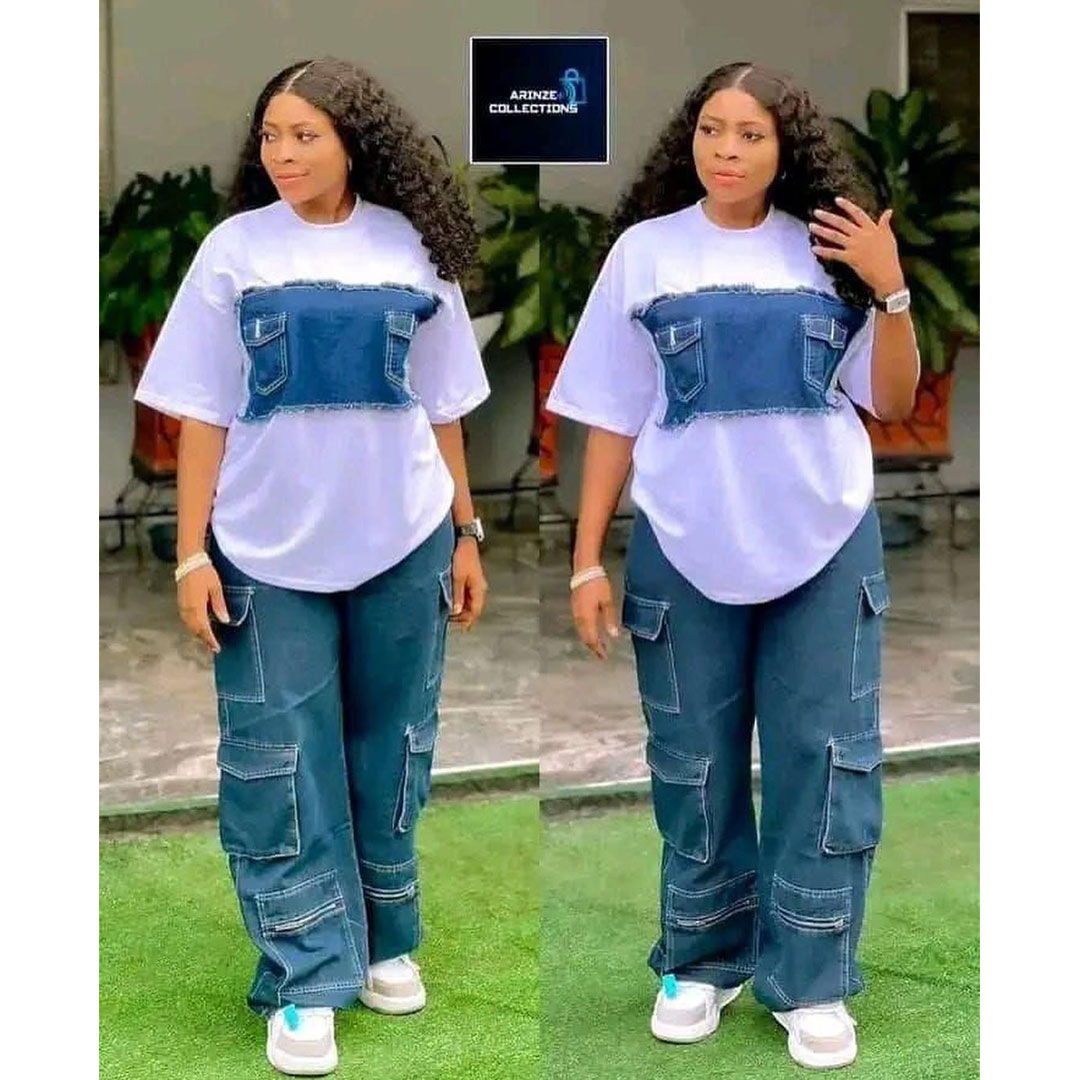 High-quality high-waisted fashionable women’s multi-pocket jeans and fashionable denim T-shirt set, the set includes: multi-pocket jeans, fashionable denim T-shirt