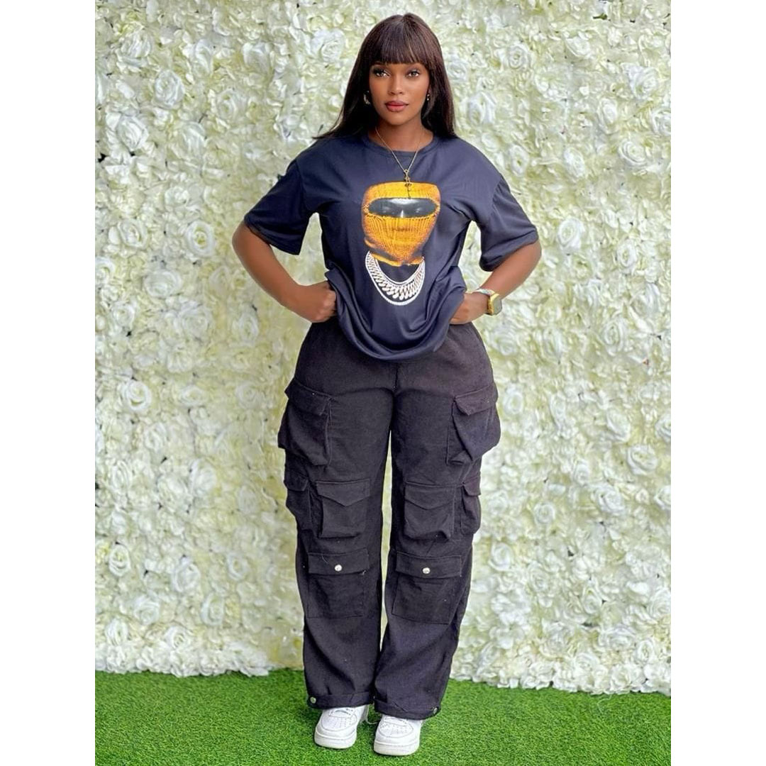 Hot-selling overalls for summer, American-style loose straight-leg, new multi-pocket youth pants, women’s casual pants, set includes: multi-pocket overalls, printed T-shirt