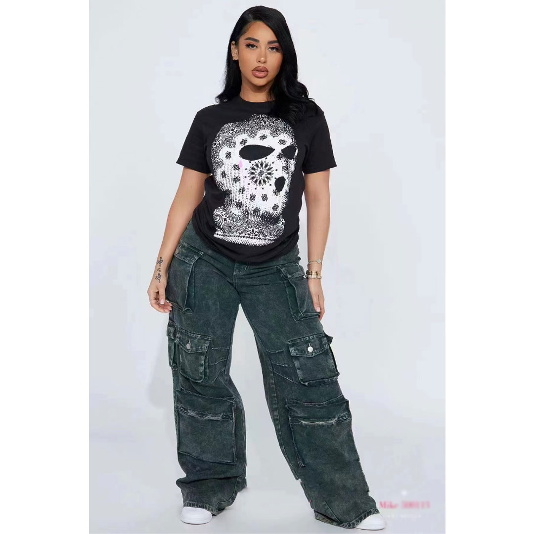Hot-selling overalls for summer, American-style loose straight-leg, new multi-pocket youth pants, women’s jeans. Set includes: multi-pocket overalls, printed T-shirt