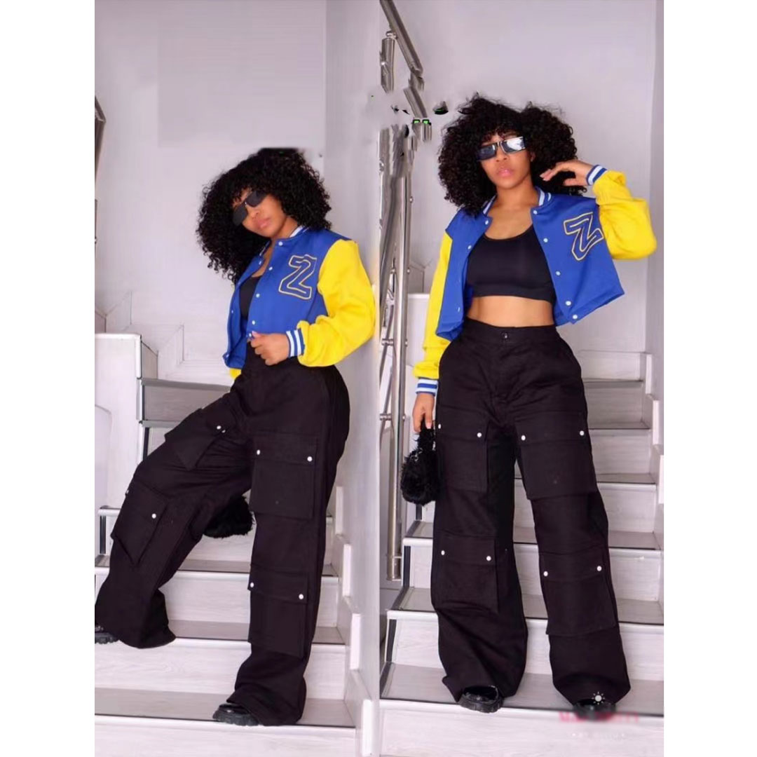 Manufacturer wholesale embroidered long-sleeved loose cotton custom women’s college fashion jacket set, the set includes: multi-pocket casual pants, fashionable jacket, vest