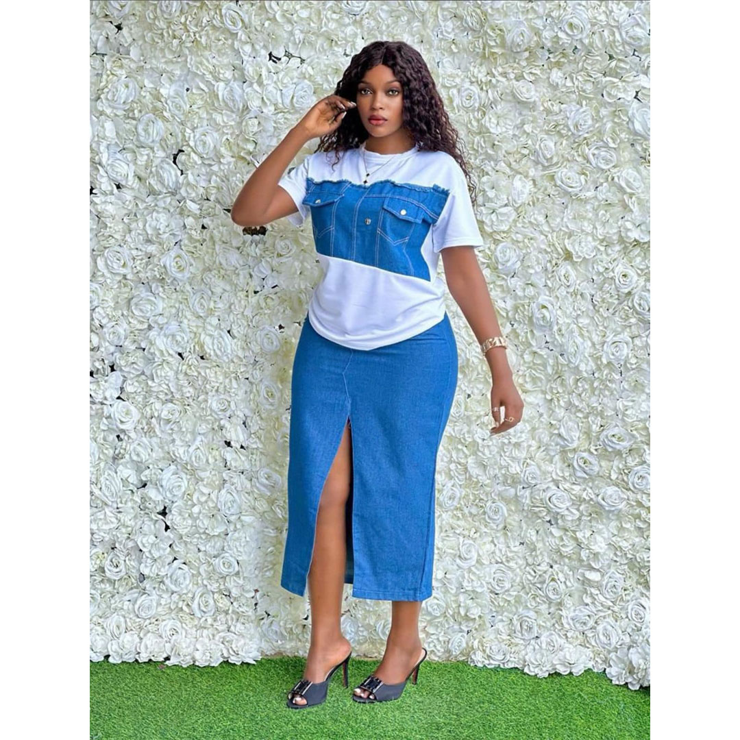 Fashion cross-border denim hip-wrapped long skirt European and American style fashionable curve women’s denim skirt, set includes: denim skirt, denim T-shirt