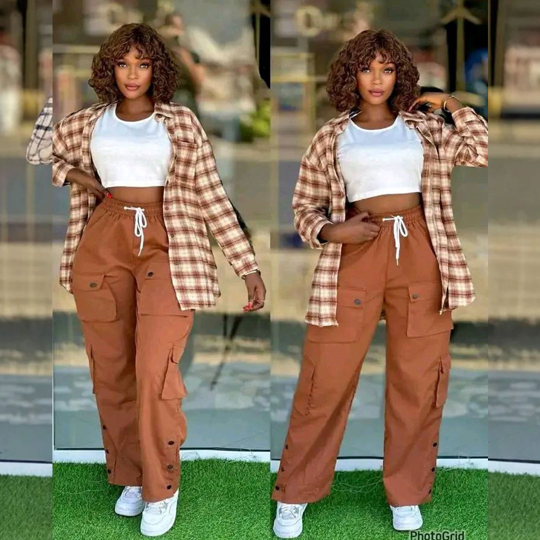 Fashionable women’s suit clothing, long-sleeved shirt with ruffled collar and multi-pocket work casual pants, the suit includes: long-sleeved shirt with ruffled collar, multi-pocket work casual pants,