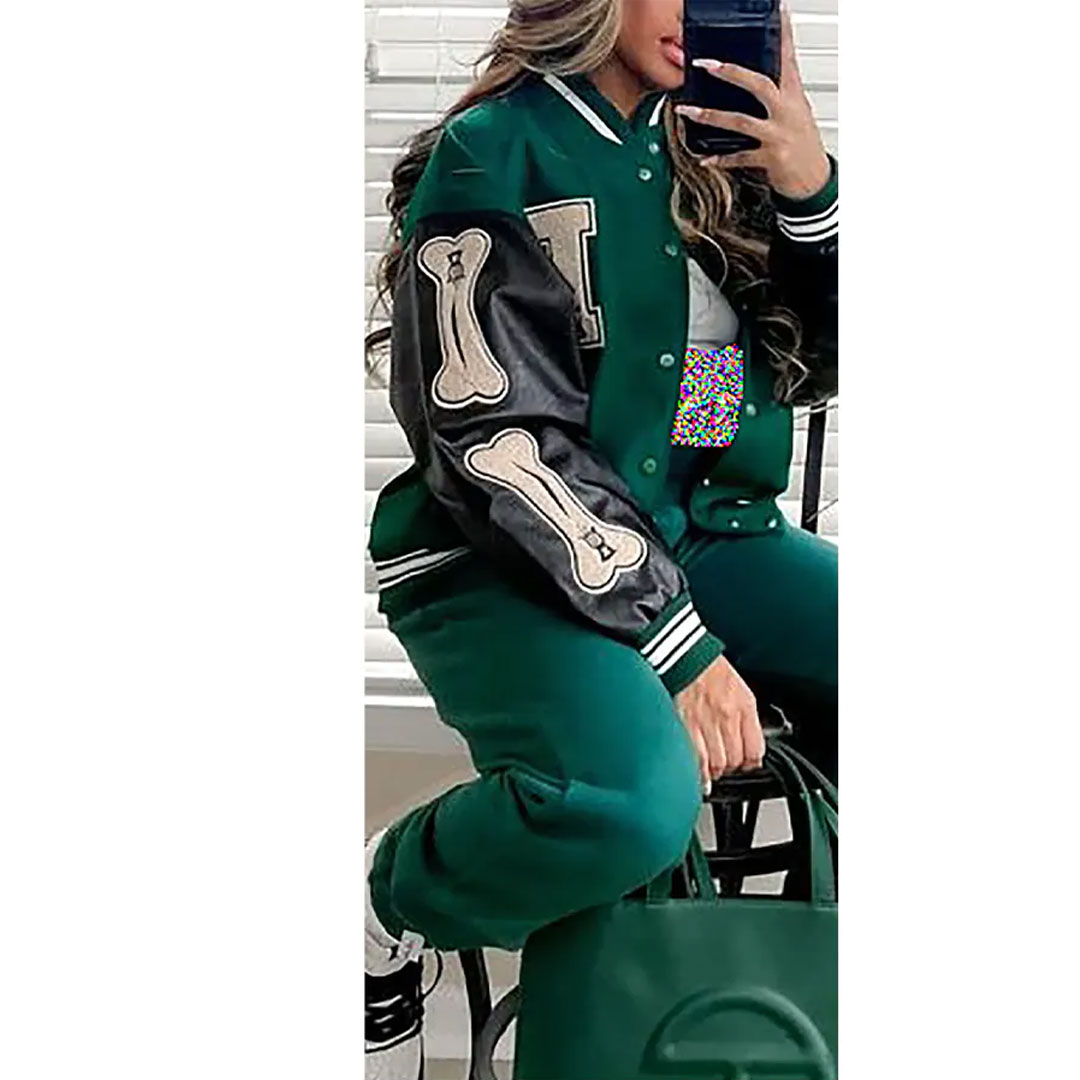 Clothing manufacturer custom chenille embroidered patch leather sleeve baseball letterman college leather bomber jacket for women, set includes: leather sleeve baseball jacket, casual pants, vest