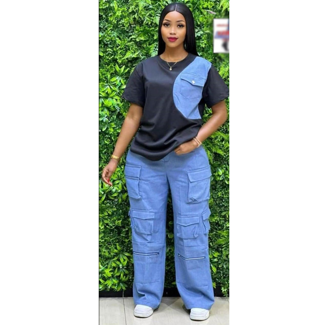 High-quality high-waisted fashionable women’s multi-pocket jeans and fashionable denim T-shirt set, the set includes: multi-pocket jeans, fashionable denim T-shirt