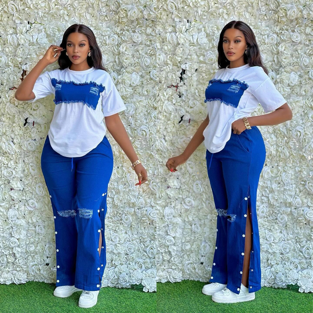 Hot-selling overalls for summer, American-style loose straight-leg, new multi-button youth pants, women’s casual pants, set includes: multi-button casual pants, denim block T-shirt