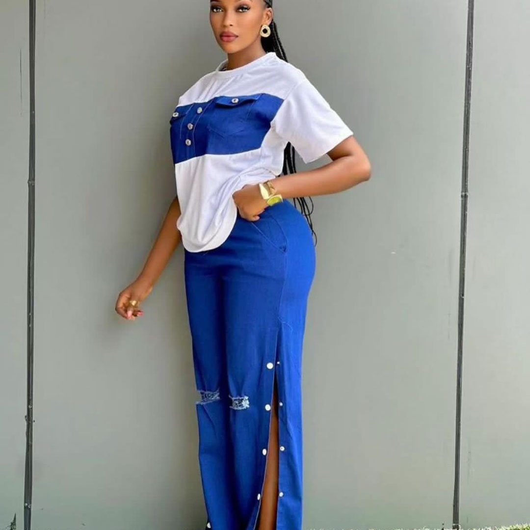 Hot-selling overalls for summer, American-style loose straight-leg, new multi-button youth pants, women’s casual pants, set includes: multi-button casual pants, denim block T-shirt